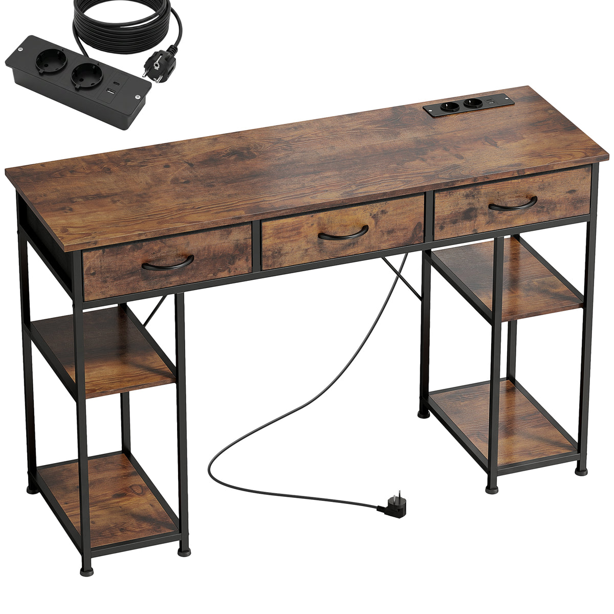 Bureau avec rangement avec prises de courant, 3 tiroirs en tissu et 4 étagères de rangement, 120 x 40 x 76 cm, marron-0