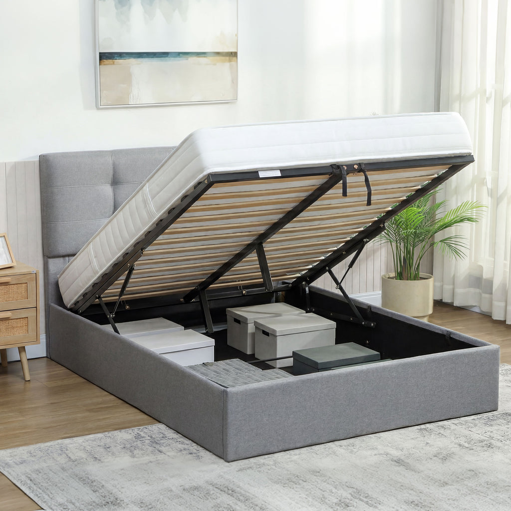 Lit coffre 140x190, cadre de lit double rembourré avec sommier à lattes en bois et rangement cach, sans matelas, gris-1