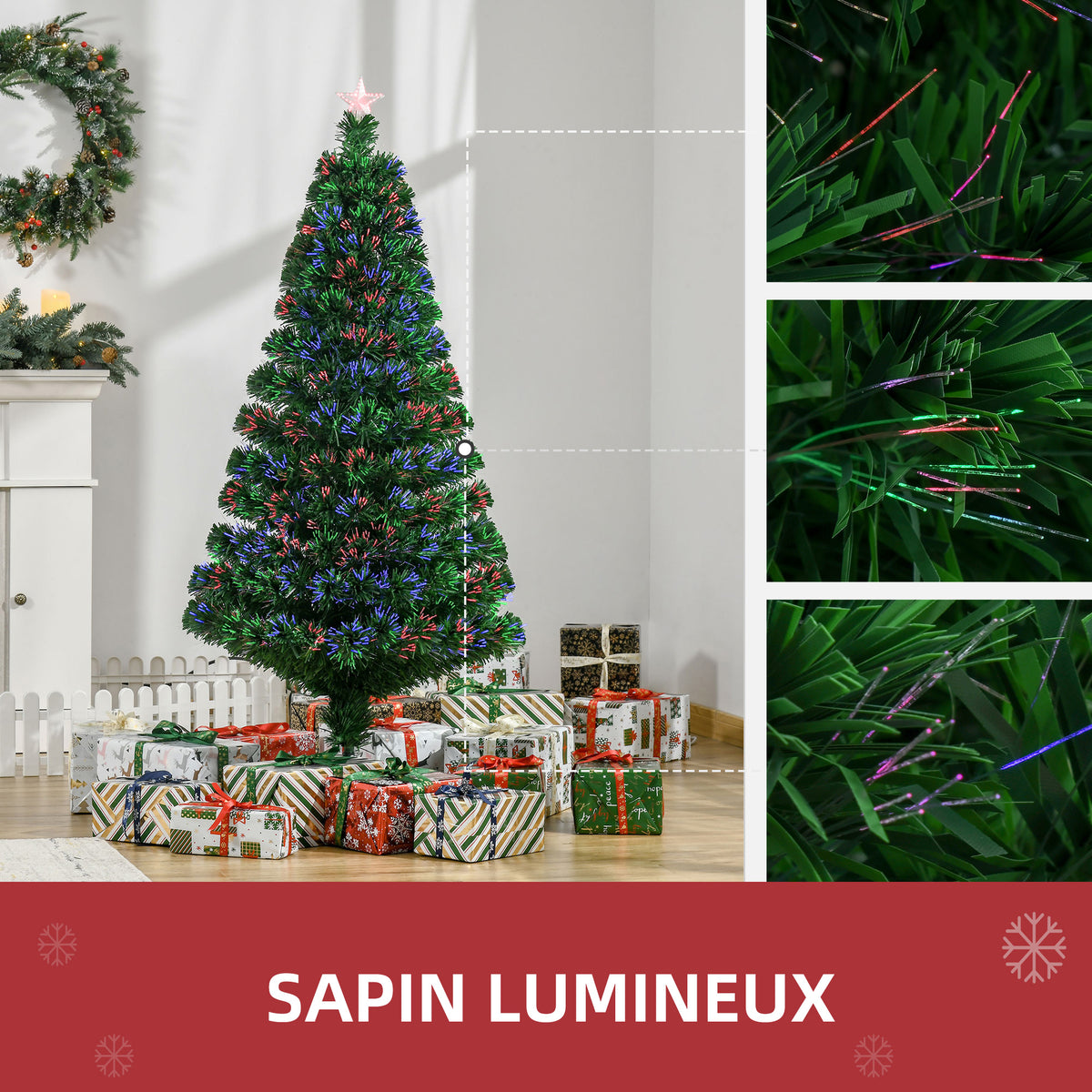 Sapin Noël Artificiel Lumineux 150H cm Fibre Optique Multicolore + Support Pied 180 Sommet Brillante Vert-4
