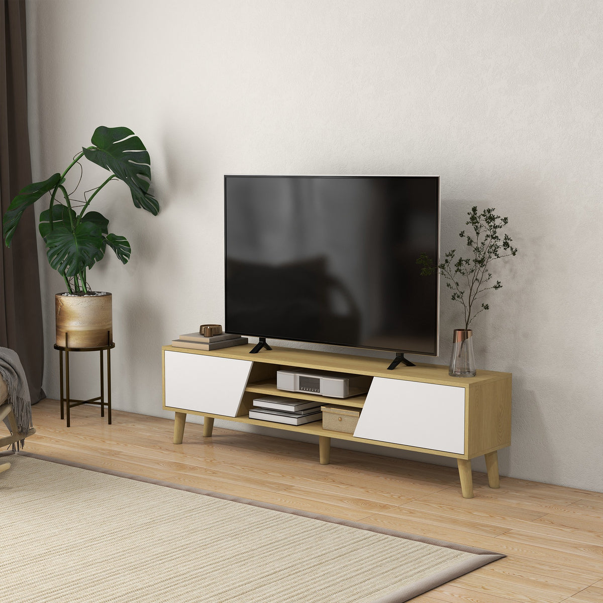 Meuble TV pour télévision jusqu'à 65 pouces design scandinave 2 portes 2 niches avec passe-câbles 150 x 30 x 42 cm-9