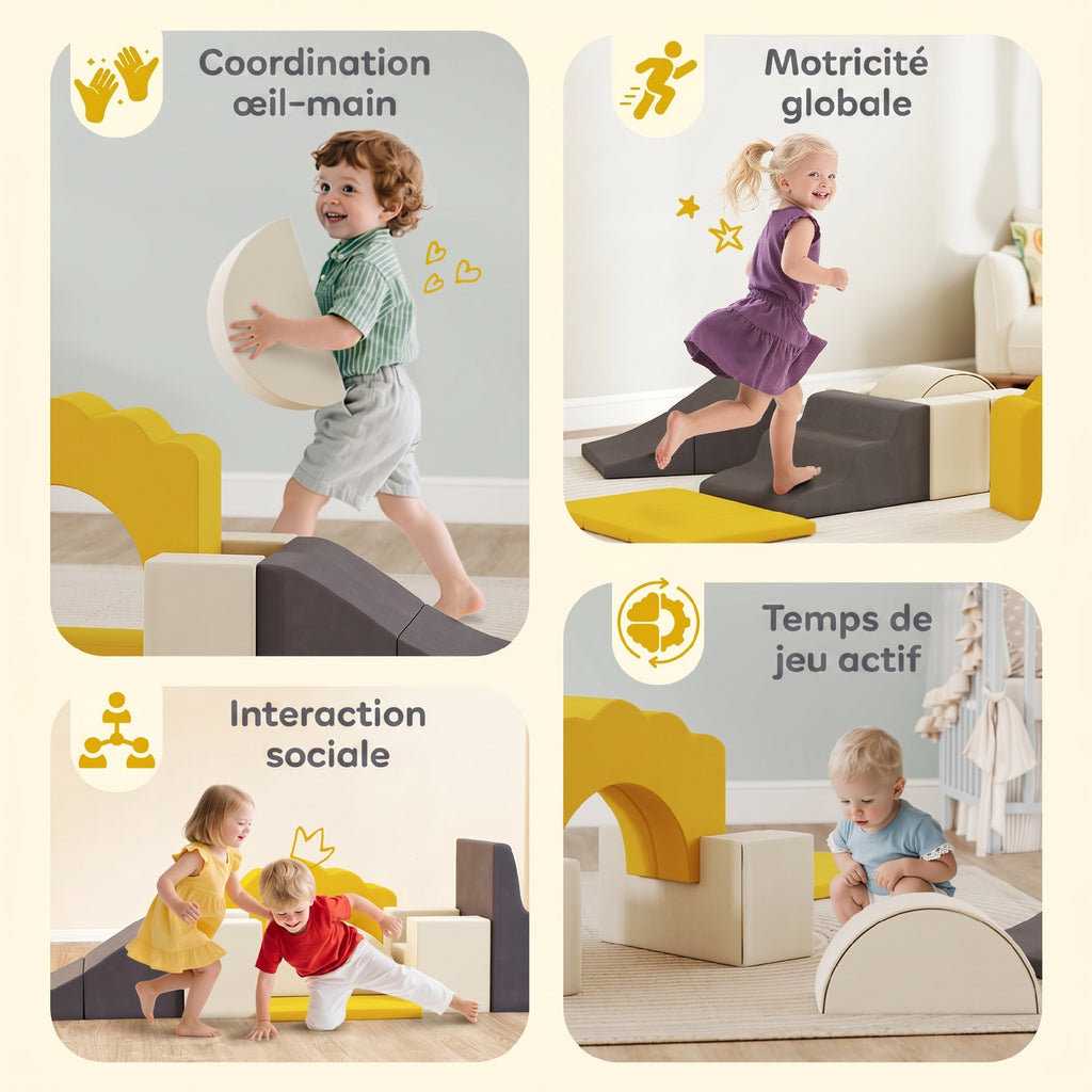 Parcours motricité bébé blocs mousse éducatifs modulables 7 pièces housse lavable en velours base antidérapante jaune-5