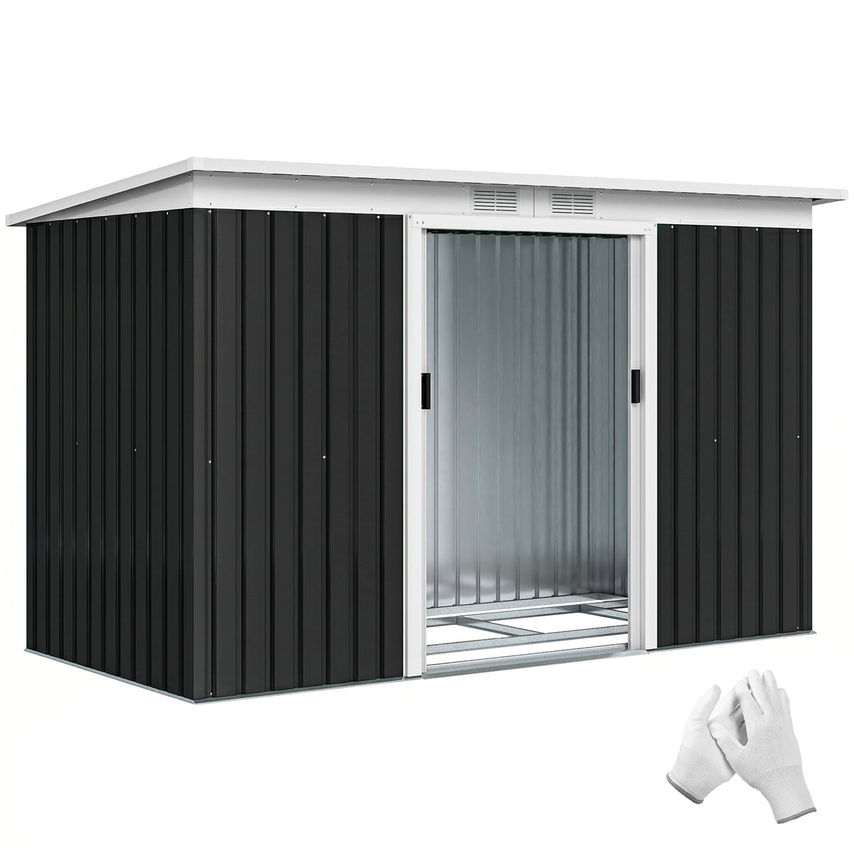 Abri de jardin en acier galvanisé XXL 3,6 m² avec kit de fondation 280 x 130 x 172 cm, cabane de jardin cabanon rangement outils avec portes coulissantes verrouillables aérations, noir-0