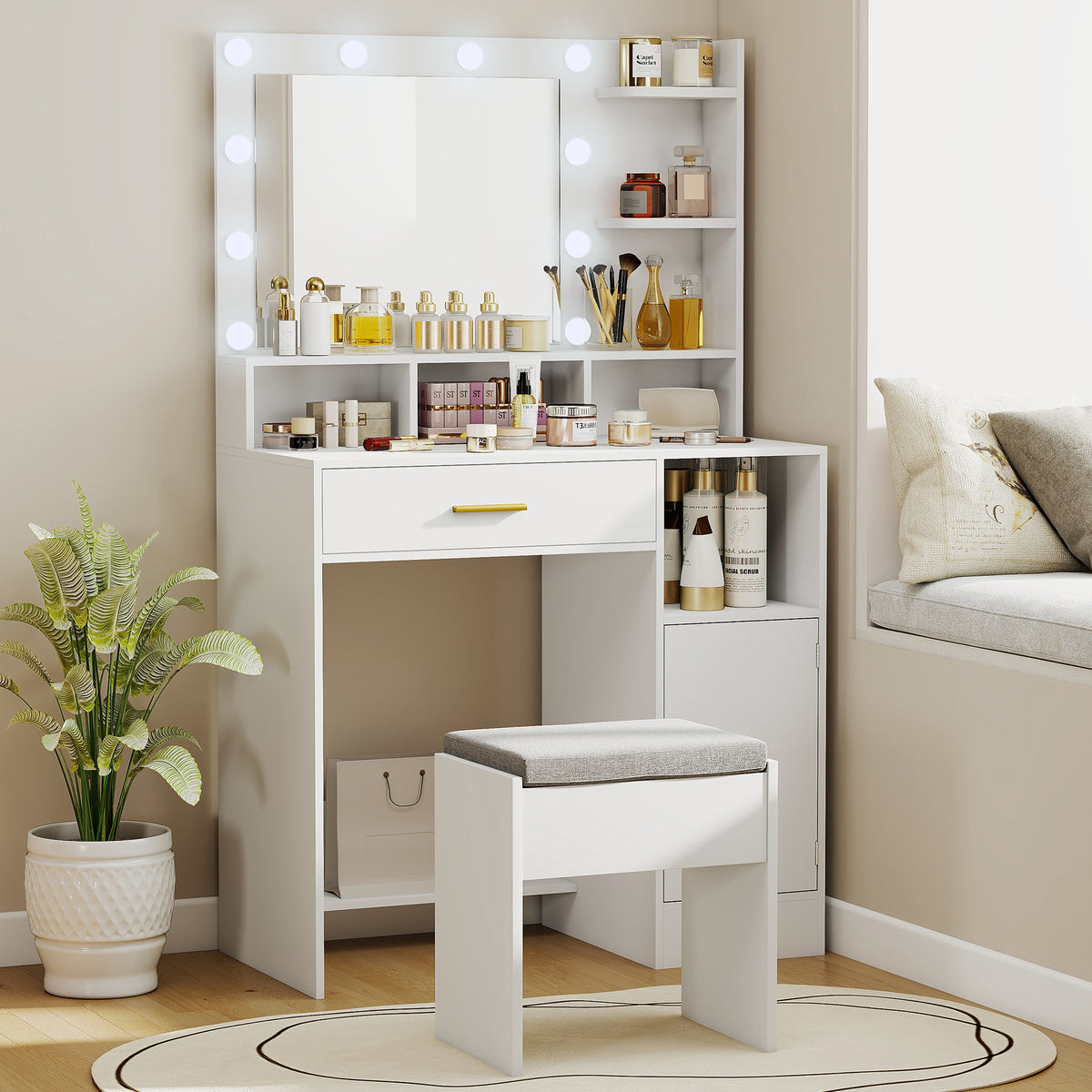 Coiffeuse avec miroir et 10 lumières LED, luminosité réglable, tiroir, placard et étagères ouvertes, 80x40x135cm, blanc-7
