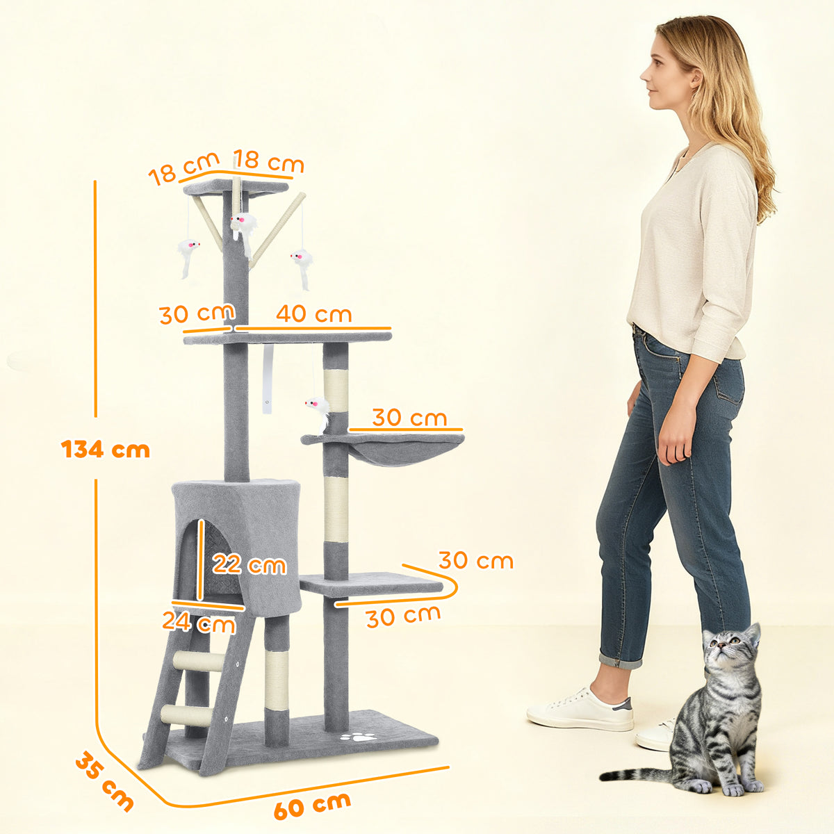 Arbre à Chat Tour de Jeux pour Chats Stable Multi-Niveaux avec Niche 3 Plate-Formes Hamac 60x35x134cm Gris-2
