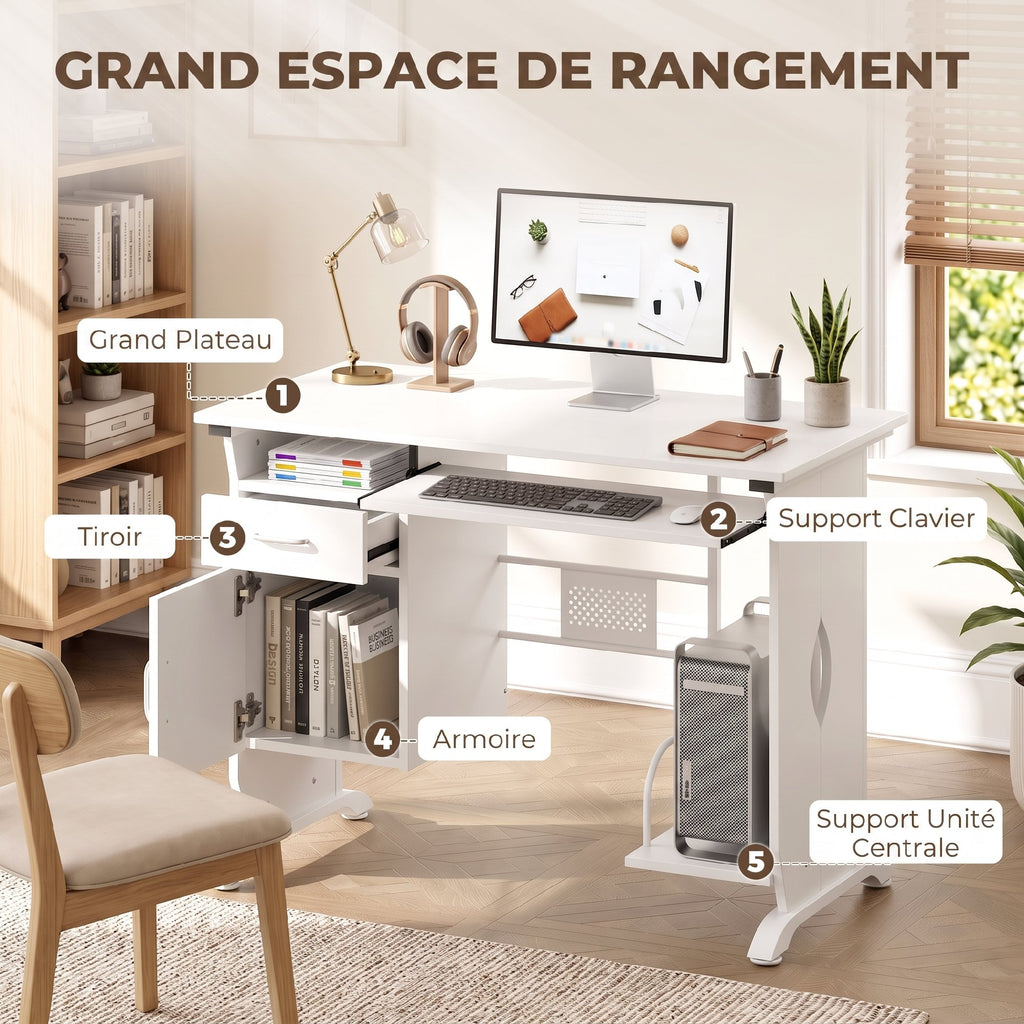 Bureau d'ordinateur, 100 x 52 x 75 cm, tablette coulissante pour clavier, tiroirs et support d'unité centrale, blanc-3