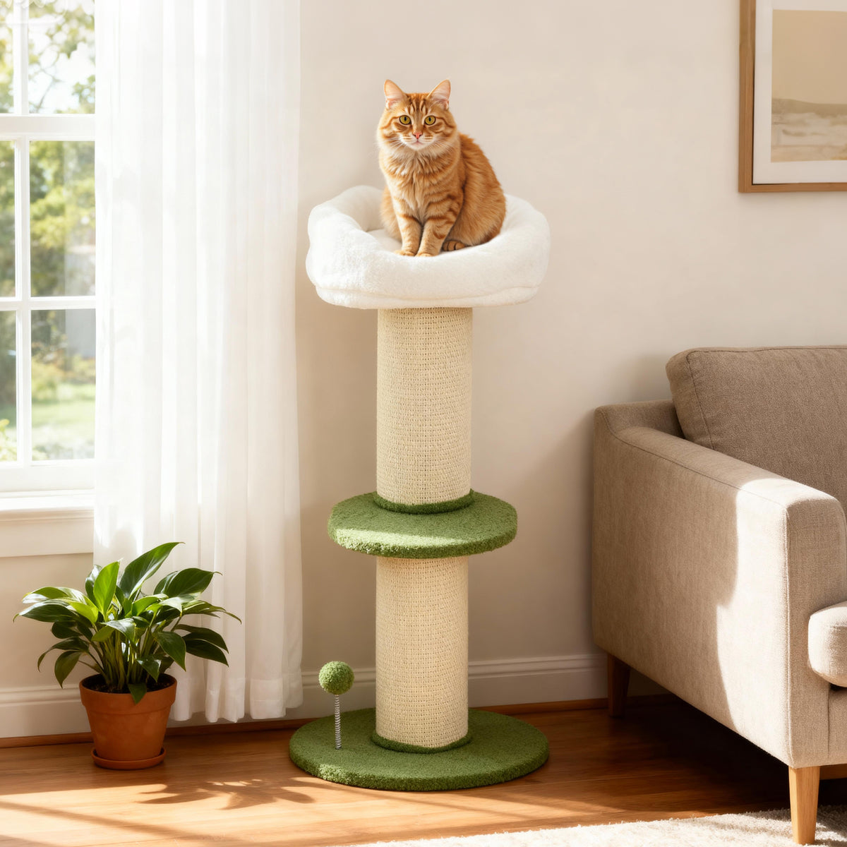 Arbre à chat à fleurs à 3 niveaux, tonneau à gratter pour chats plateforme et balle poteau en sisal, Ø 45 x 92 cm, vert-1