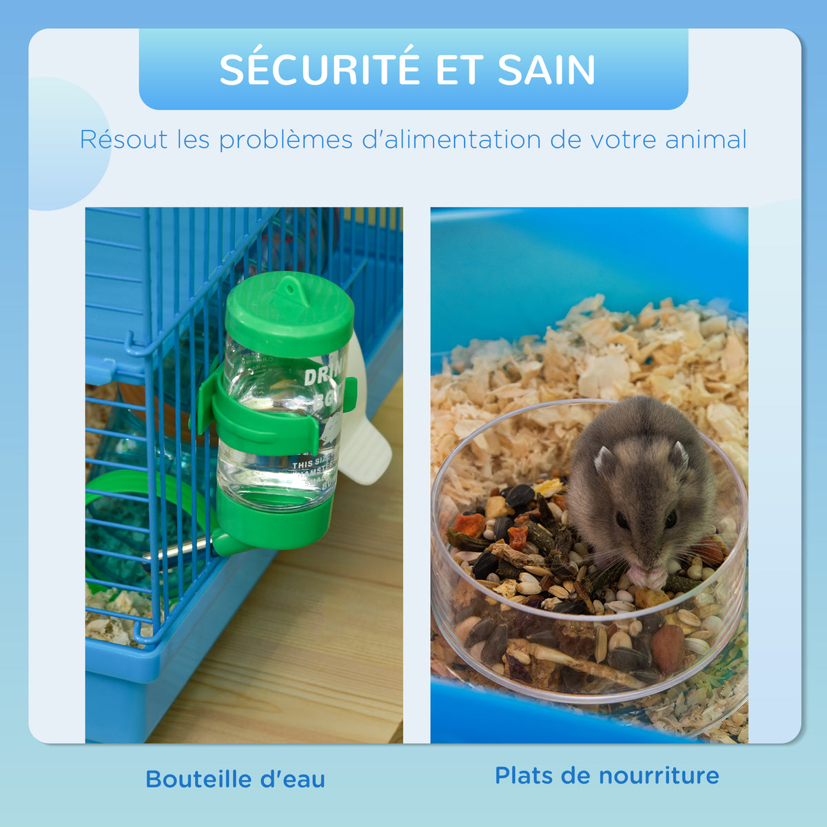 Cage pour Hamster Souris Petit Animaux Rongeur avec Tunnel Mangeoire Roue Jouet 47 x 30 x 59 cm Bleu-4