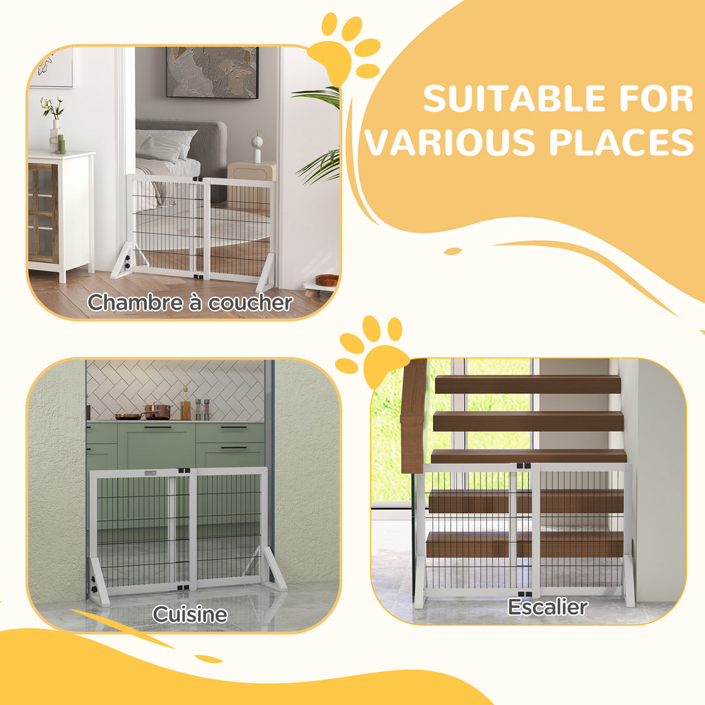 Barrière de sécurité pour chien barrière de protection à 2 panneaux largeur réglable 63-106 cm en bois acier blanc-4