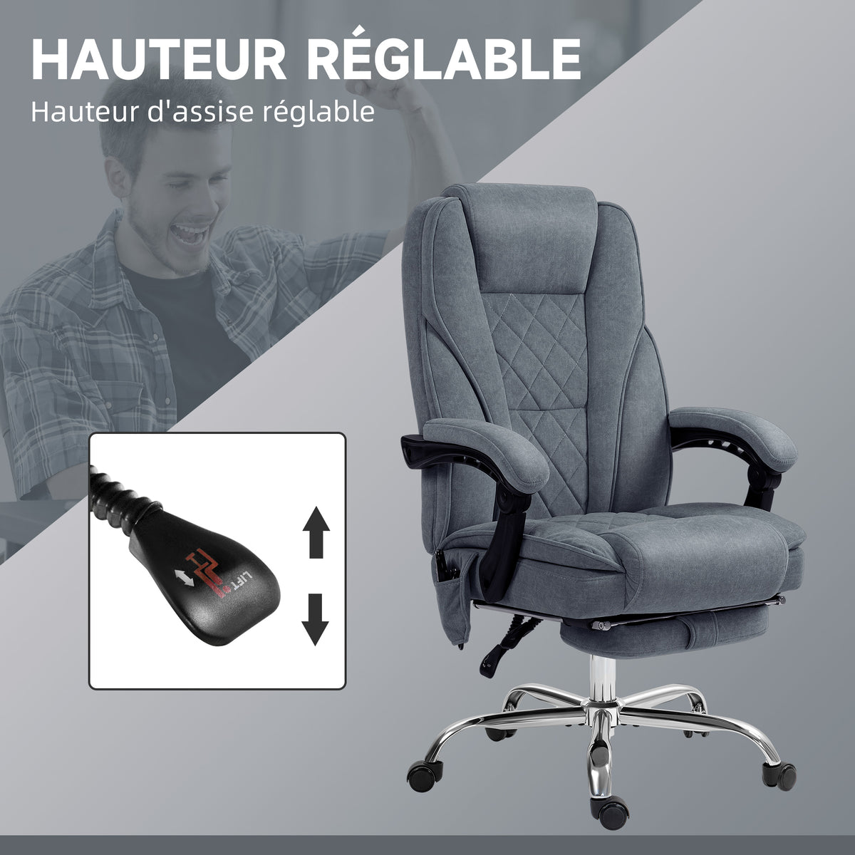 Fauteuil de bureau massant et chauffant hauteur réglable dossier inclinable télécommande repose-pieds rétractable gris-4
