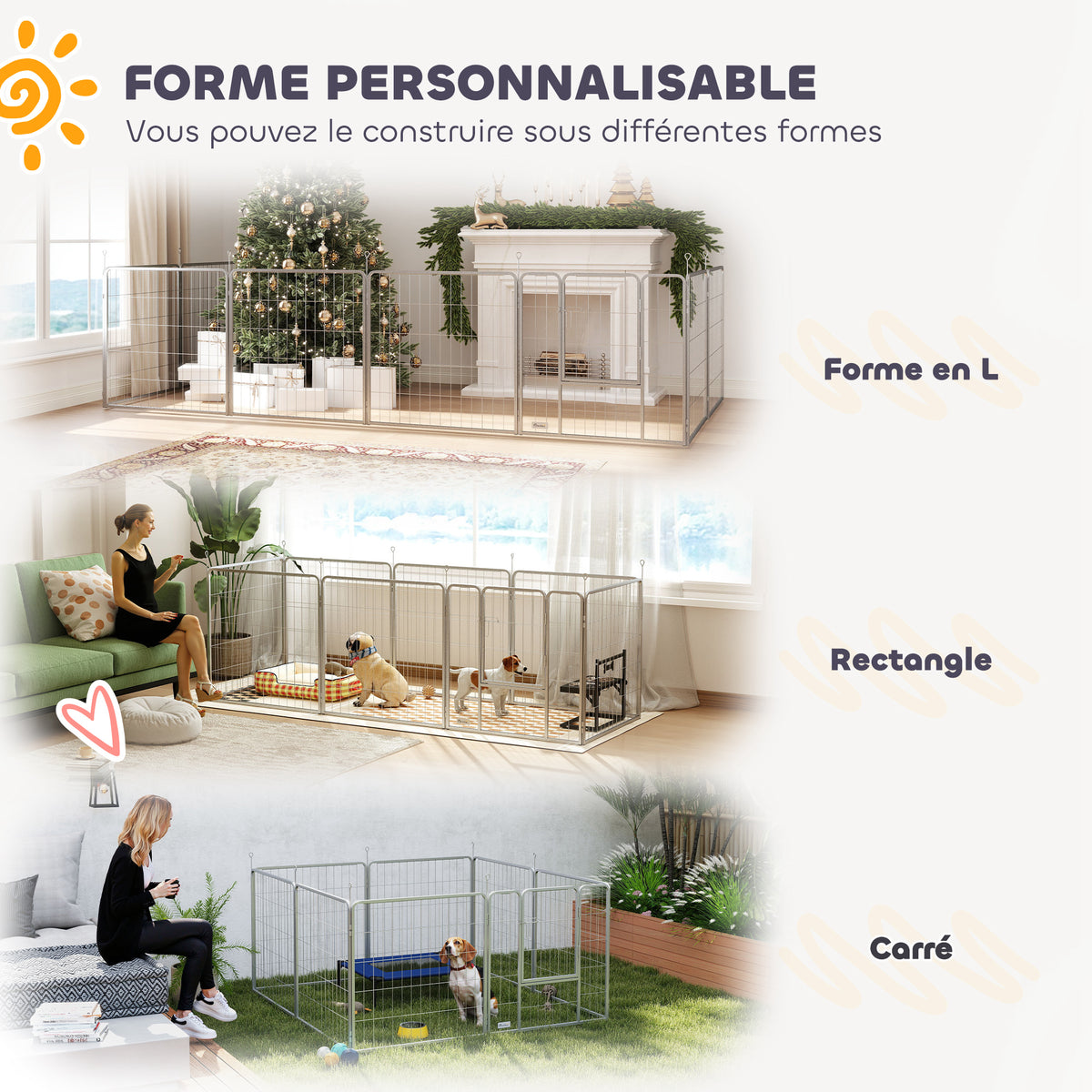Parc pour chien enclos chien 8 panneaux modulable pliable acier avec porte pour chiot intérieur extérieur 80H cm argent-3
