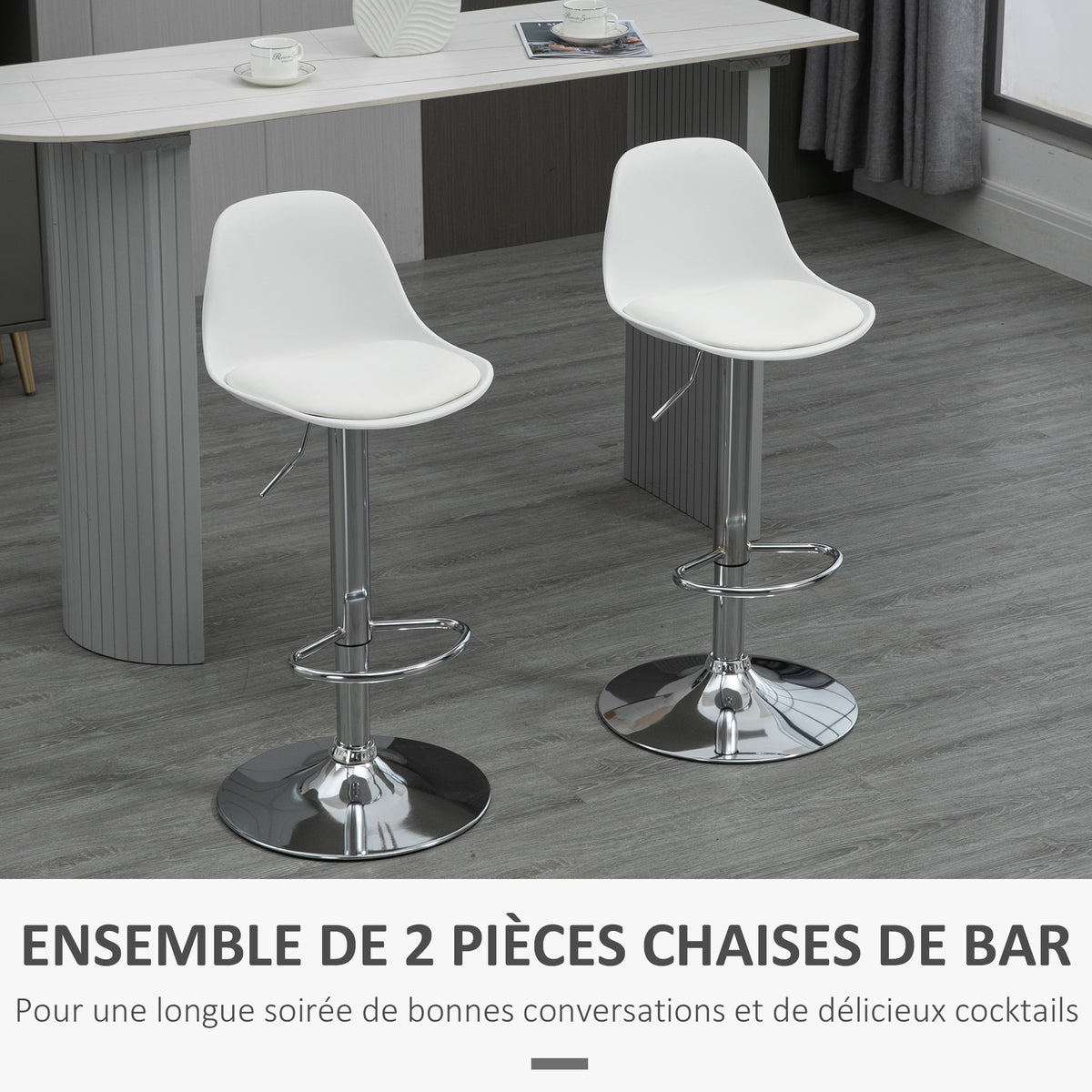 Lot de 2 tabourets de bar chaise haute cuisine avec dossier et repose-pieds, hauteur réglable, 41x42x82-104cm, blanc-3