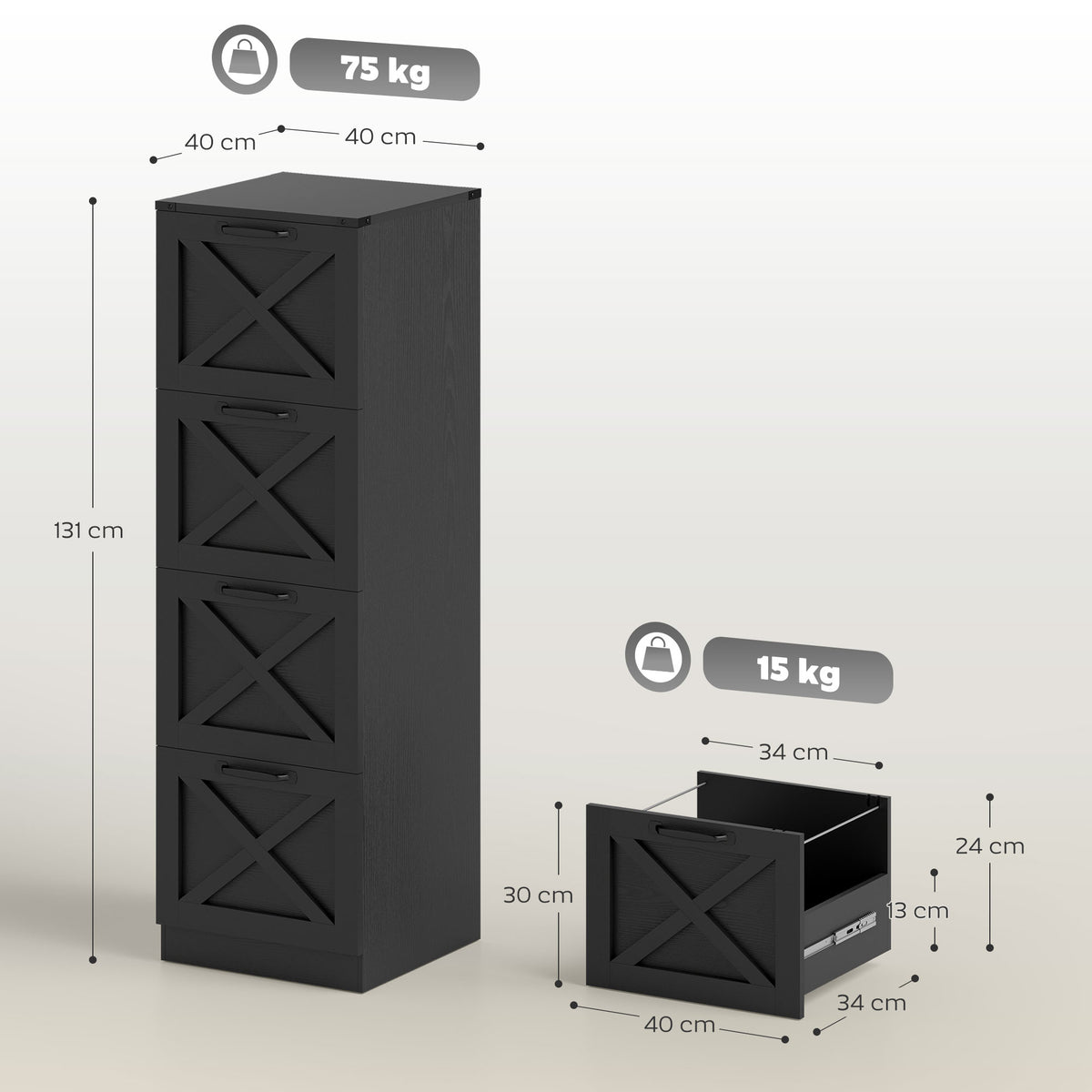 Caisson de Bureau avec 4 Tiroirs, Dossiers Suspendus pour Formats Lettre/A4, Style Rustique, 40x40x131cm, Noir-2