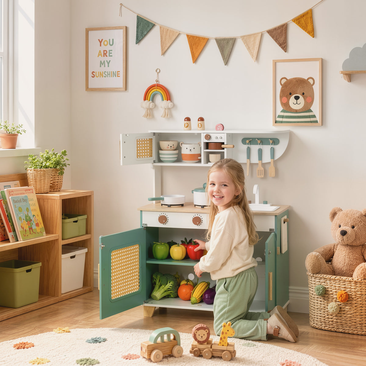 Cuisine Enfant en Bois 19 Accessoires, Cafetière, Machine à Glaçons, Micro-Ondes, Placard, 3-6 Ans, 61x27x79,7cm, Vert-8