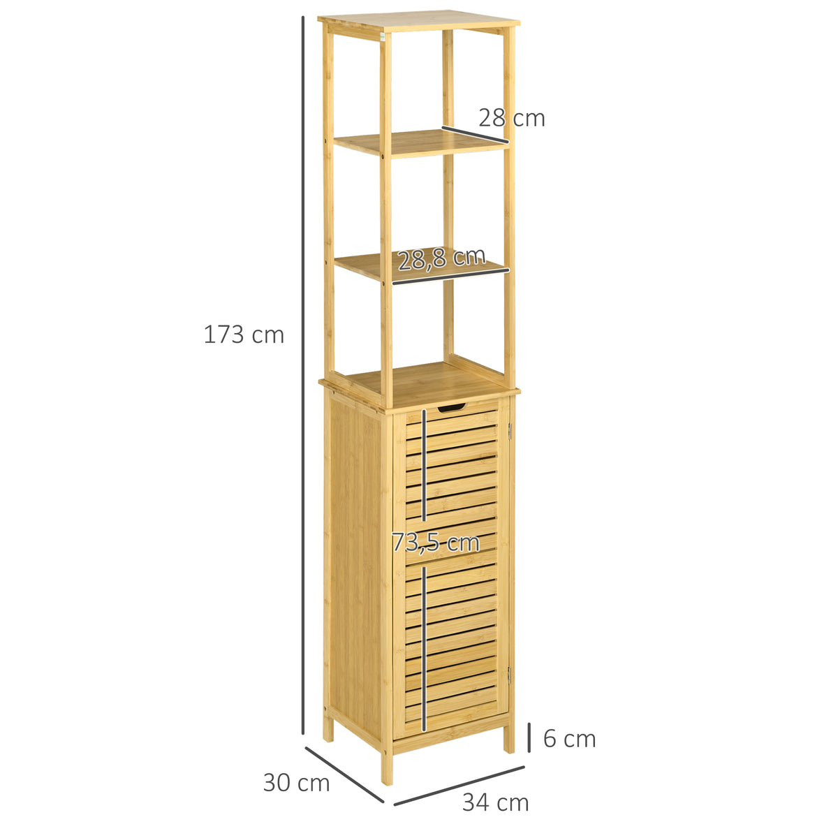Meuble colonne de salle de bain avec 3 étagères et placard porte persienne en bambou-2