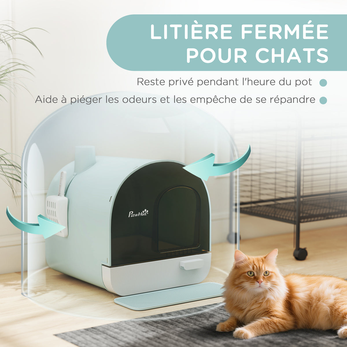 Maison de toilette pour chat avec tiroir amovible, bac à litière fermé avec tapis anti-trace, pelle, filtre anti-odeur et porte battante, nettoyage facile, 43 x 44 x 47 cm, vert-4