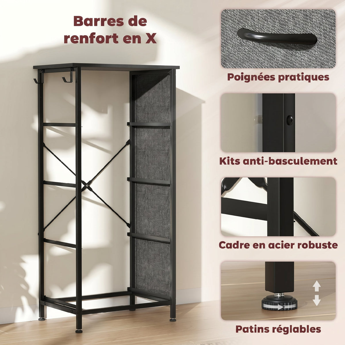 Commode 4 tiroirs en tissu, meuble de rangement avec 4 poches, 2 crochets, structure en acier, 45 x 30 x 94,5 cm, gris-6