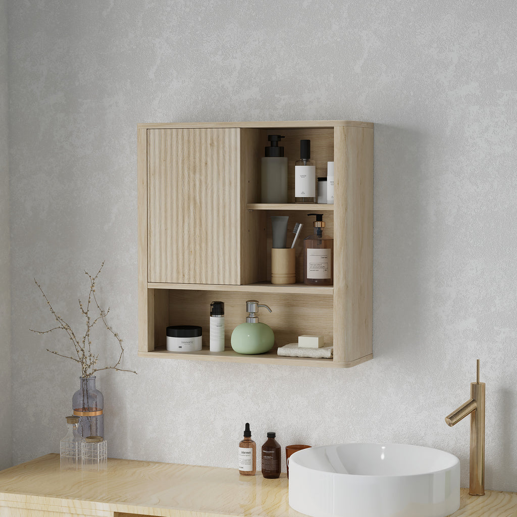 Armoire murale salle de bain avec étagères réglables, porte coulissante et étagères ouvertes, bois naturel-1
