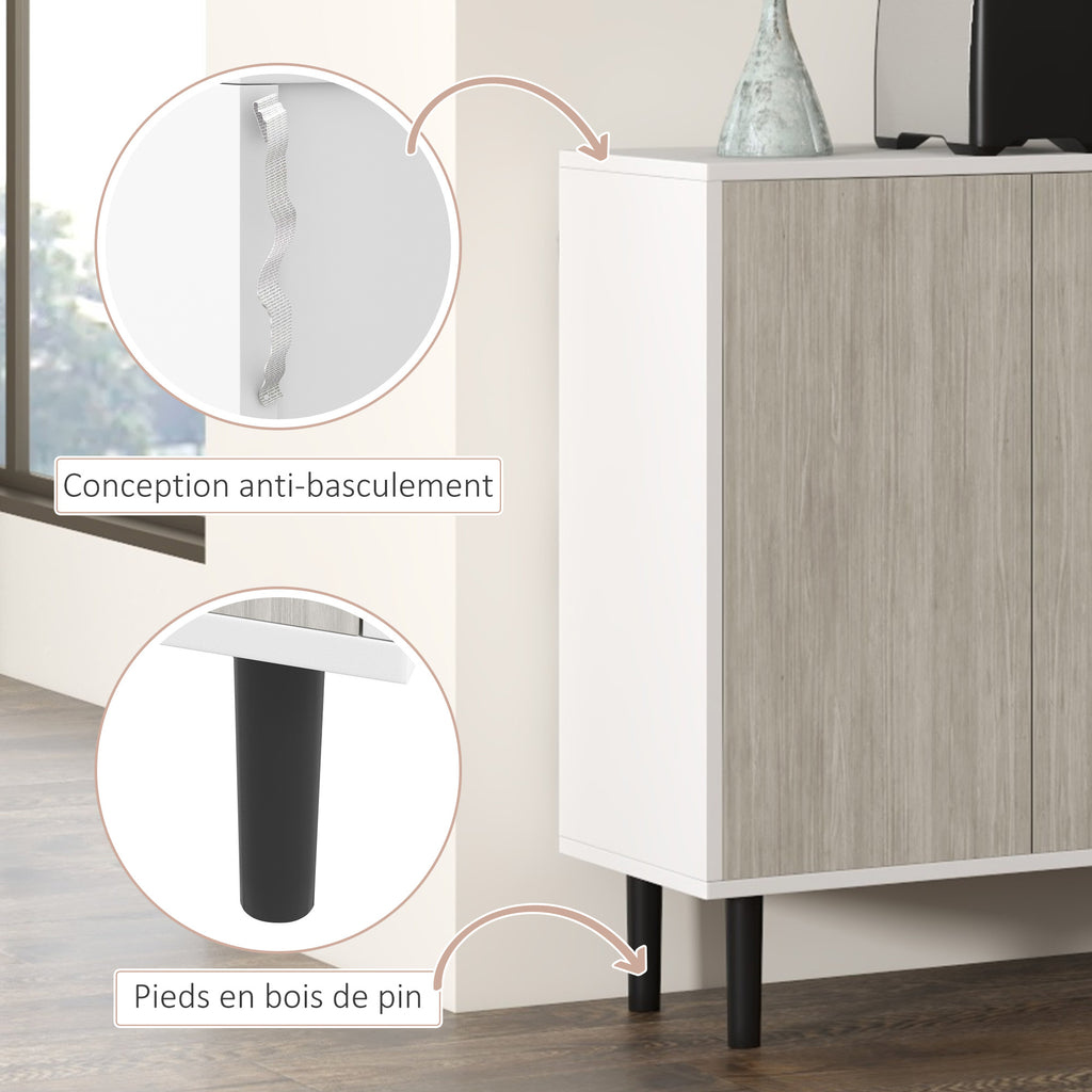 Buffet de cuisine meuble de rangement 2 placards avec étagères réglables, 121 x 37 x 75 cm, blanc et aspect bois gris-6