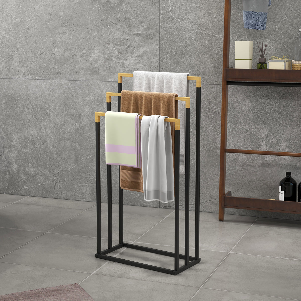 Porte-serviettes en bambou et acier sur pieds avec 3 barres support pour serviette 45 x 22,5 x 86 cm noir et naturel-1