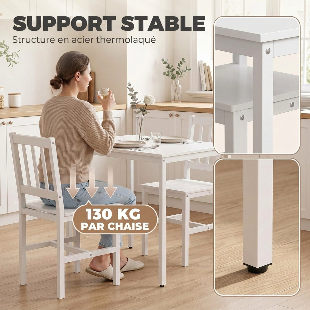 Ensemble Table Salle à Manger avec 2 Chaises, Table de Cuisine Rectangulaire 80 cm, Chaises à Dossier à Lattes, Blanc-5