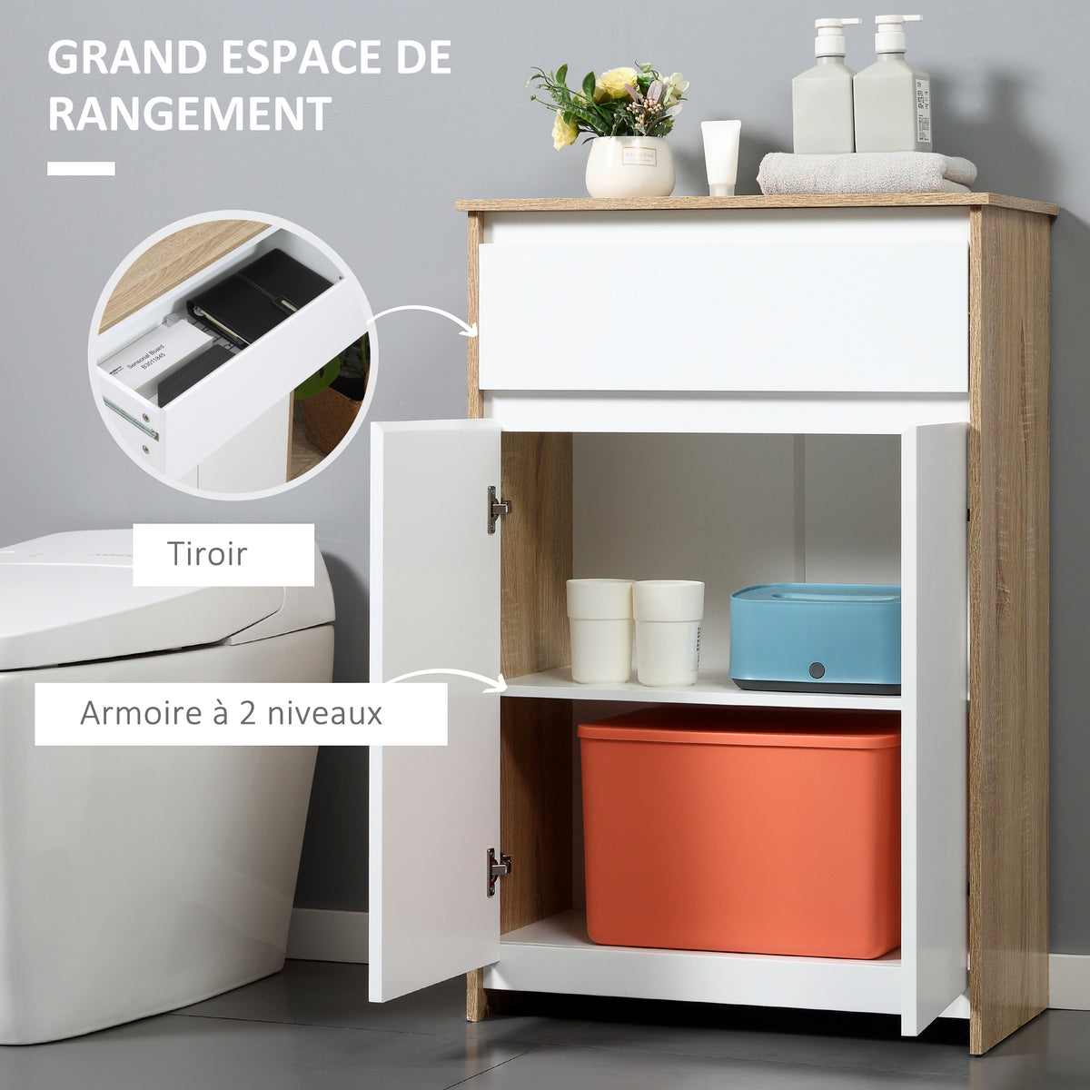 Meuble de salle de bain, meuble de rangement, tiroir et placard double porte, 60x30x90cm, blanc et effet bois naturel-4