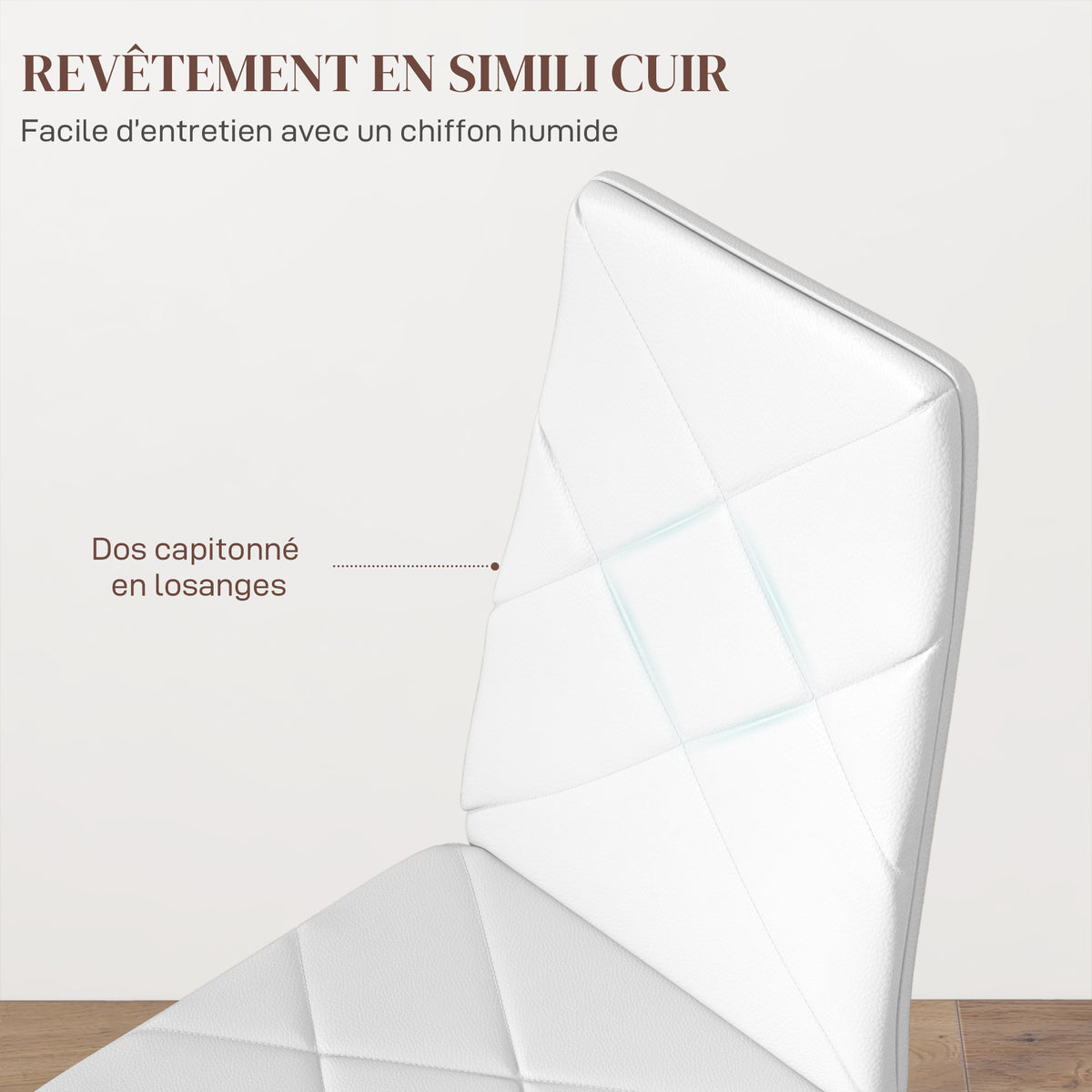 Lot de 2 chaises de salle à manger avec dossier haut, revêtement synthétique et pieds en acier, blanc-4