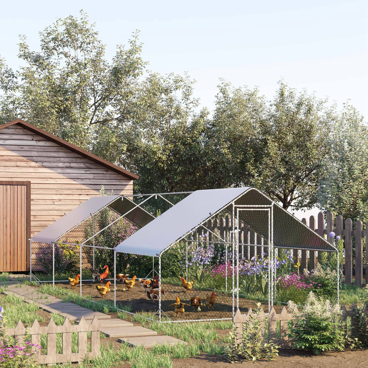 Enclos poulailler chenil volière extérieur 24 m² - Parc grillagé dim. 3L x 8l x 2H m - Espace Couvert - Acier galvanisé-1