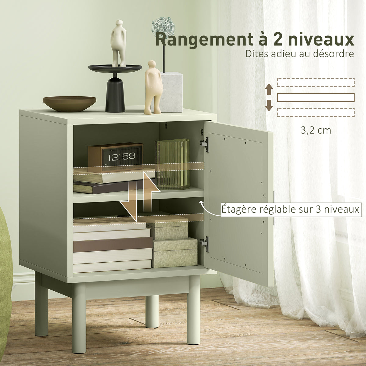 Lot de 2 tables de chevet, table de nuit avec porte en résine tressée, étagère réglable 40 x 35 x 58 cm, vert clair-5