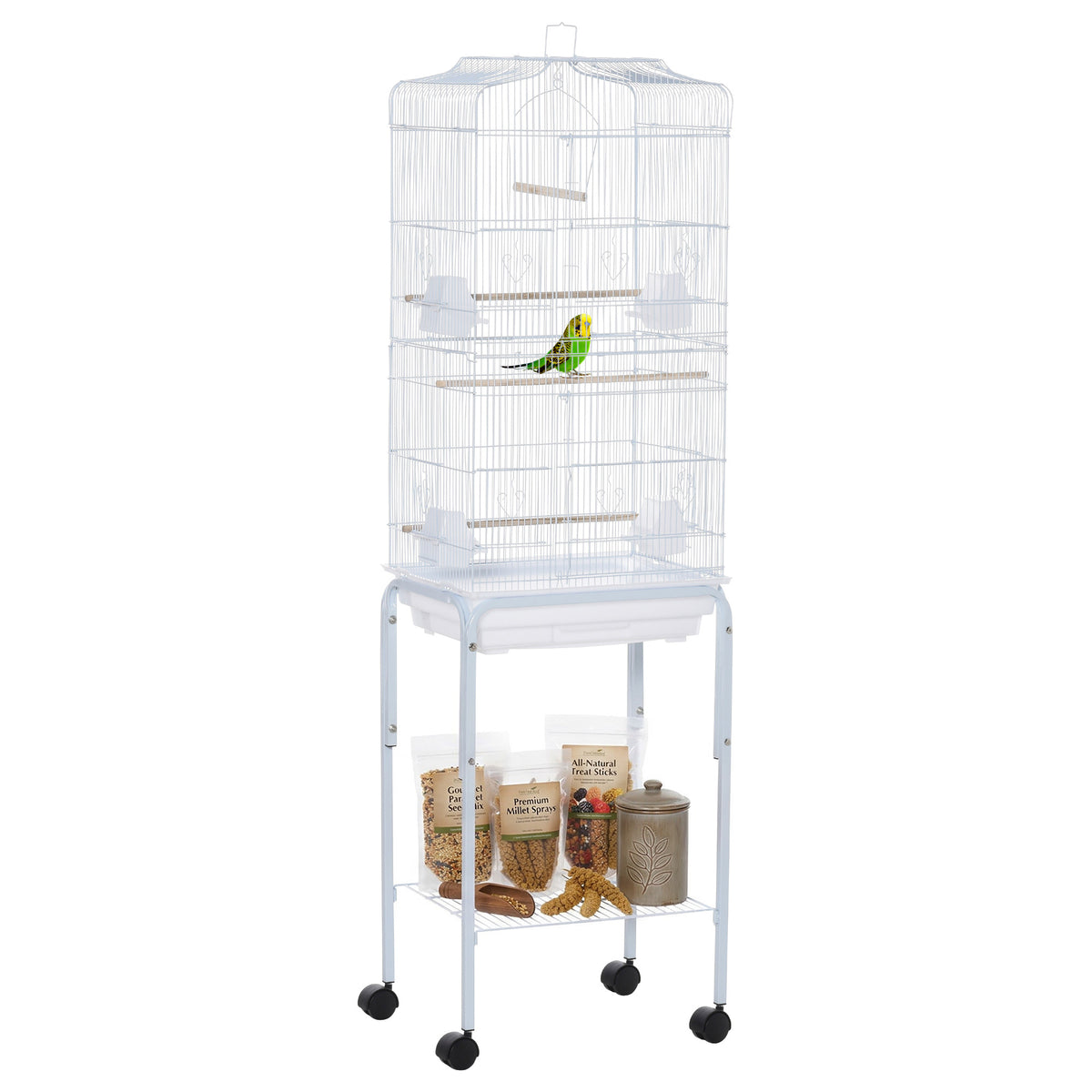 Cage à oiseaux sur pied volière oiseaux sur roulettes toit ouvrant 3 perchoirs étagère inférieure 46,5x36x157cm blanc-0