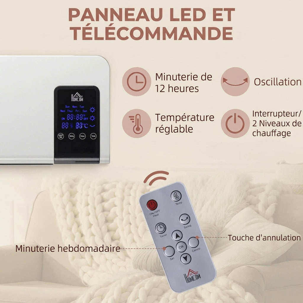Radiateur soufflant mural chauffage céramique PTC - 1000 W / 2000 W oscillation minuterie avec télécommande blanc-4