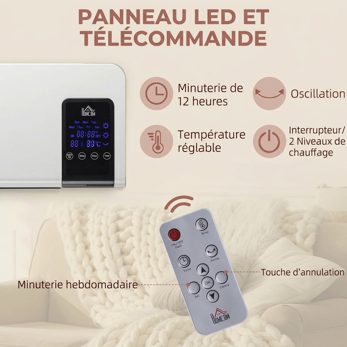 Radiateur soufflant mural chauffage céramique PTC - 1000 W / 2000 W oscillation minuterie avec télécommande blanc-4