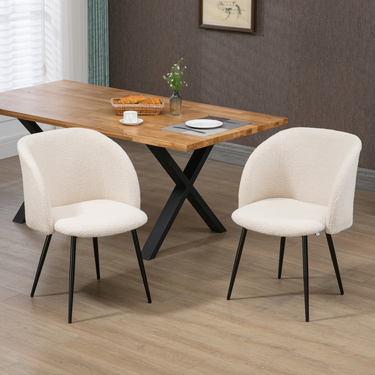 Lot de 2 chaises de salle à manger avec dossier en tissu effet laine boucleé pieds en acier 55 x 62 x 80 cm beige noir-1