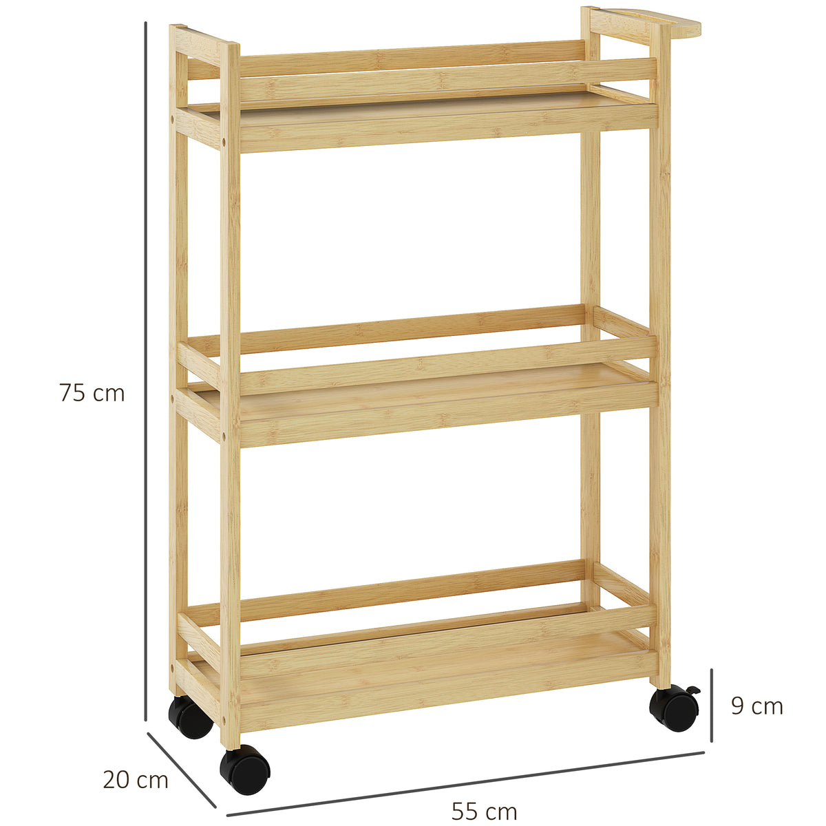 Étagère de rangement de salle de bain en bambou à 3 niveaux avec roulettes pour cuisine, salle de bain, salon - naturel-2