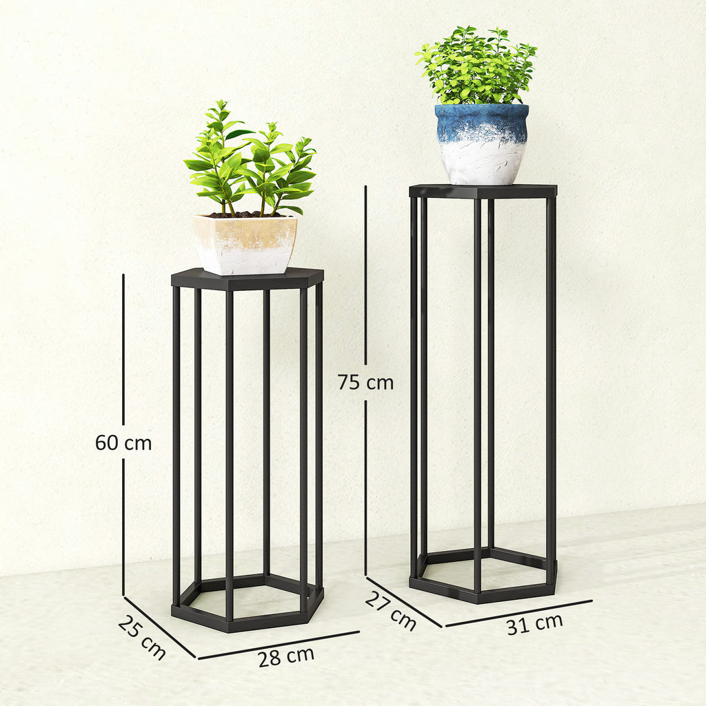 Lot de 2 supports pour plantes, tabouret à fleurs hexagonal en métal, intérieur et extérieur, noir-2