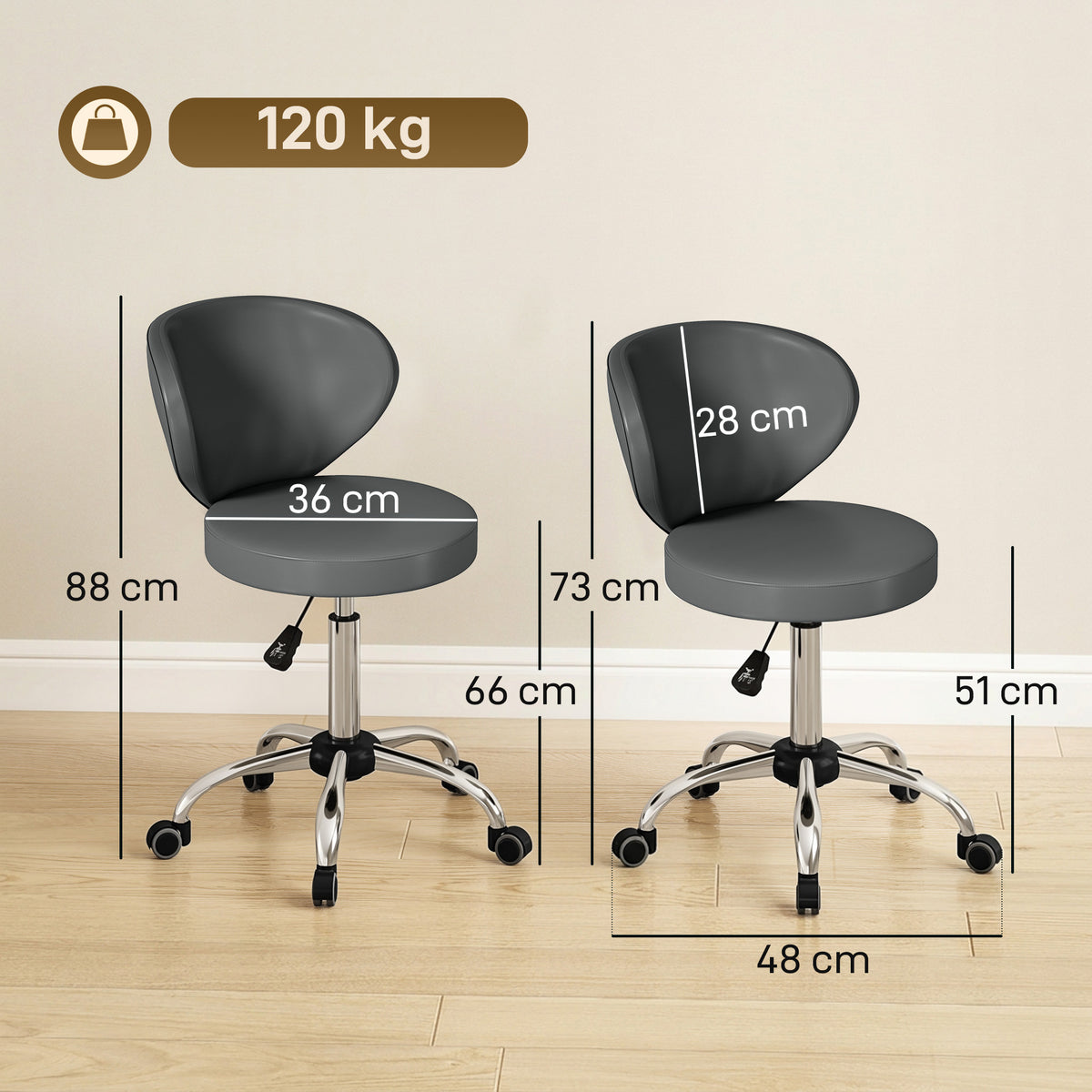 Tabouret à roulettes, tabouret de massage en PU avec hauteur réglable 73-88 cm et dossier, pivotant 360°, gris-2
