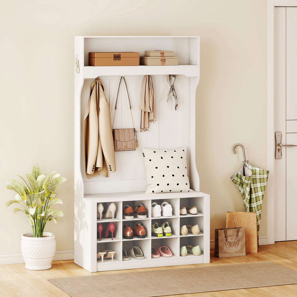 Porte-Manteau 4-en-1 avec Banc, Banc d'Entrée avec 12 Compartiments à Chaussures, 6 Crochets et Étagère Ouverte, Blanc-7