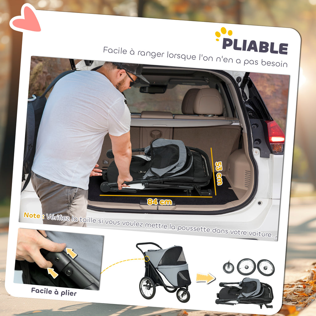 Poussette pour chien 3 roues avec pliage facile, sac de rangement, coussin souple, laisse de sécurité, gris-6