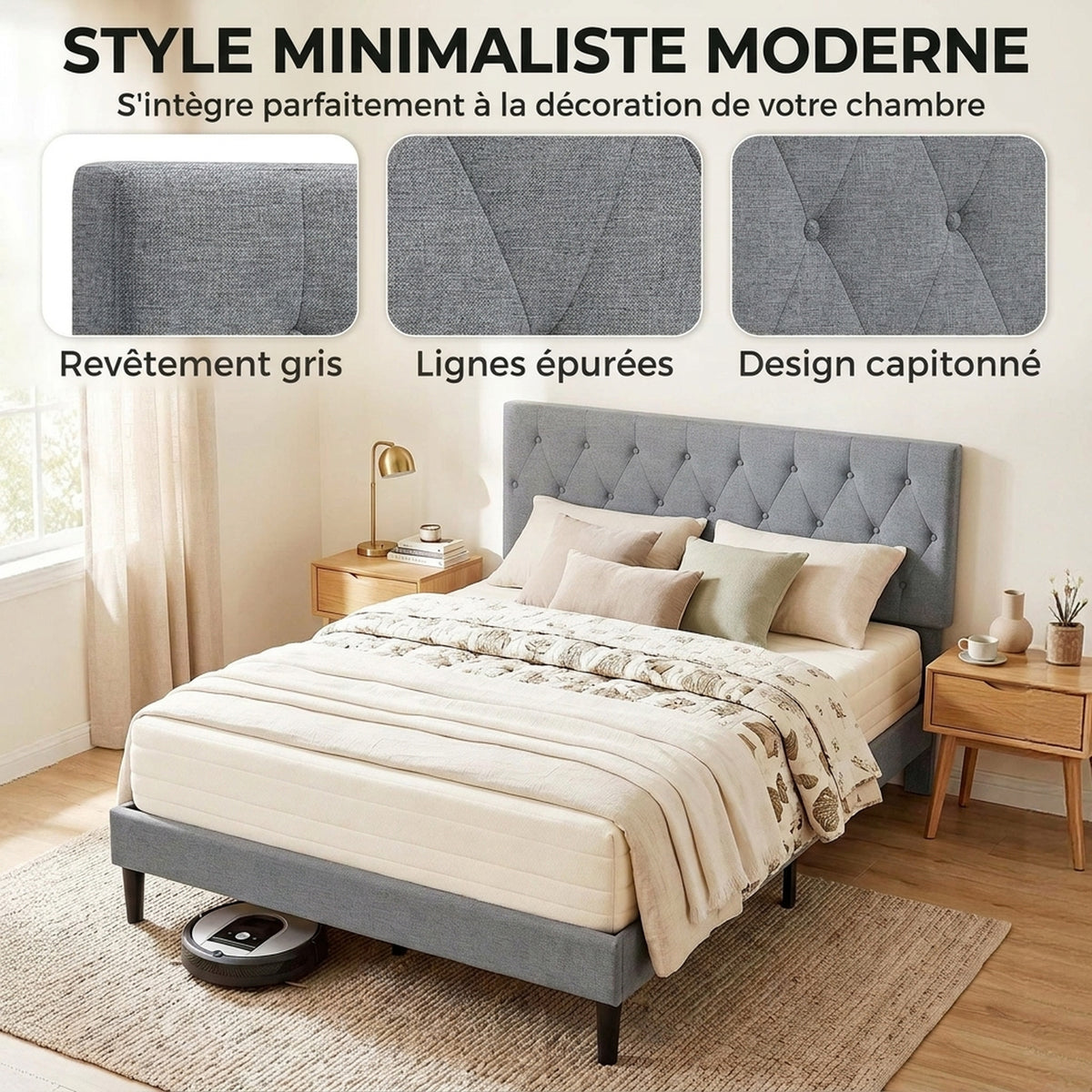 Cadre de Lit 140 x 190 cm avec Sommier, Lit Double Rembourré en Lin, Tête Capitonnée, Support à 10 Lattes, Gris-4