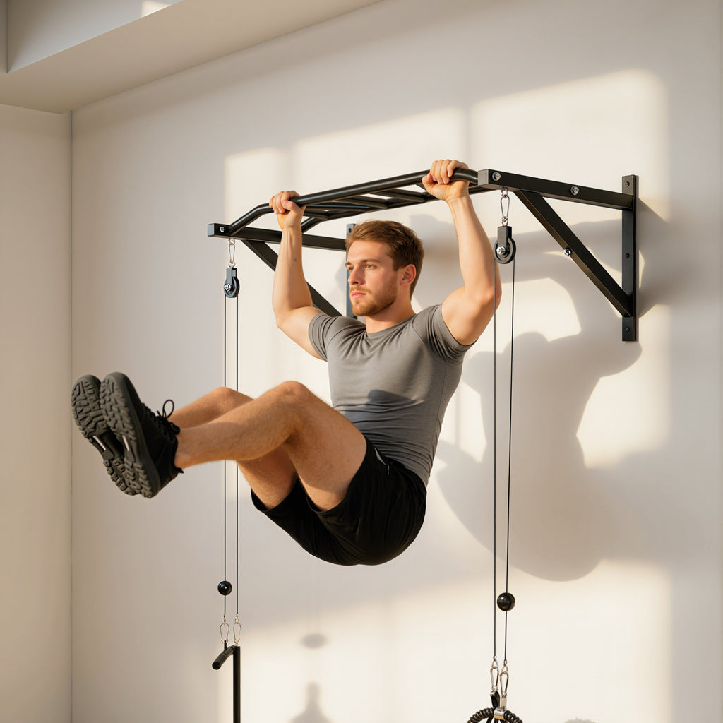 Barre de traction murale barre de fitness multi-prise système de poulie à câble charge 200kg, acier 126x60x45,5cm, noir-9