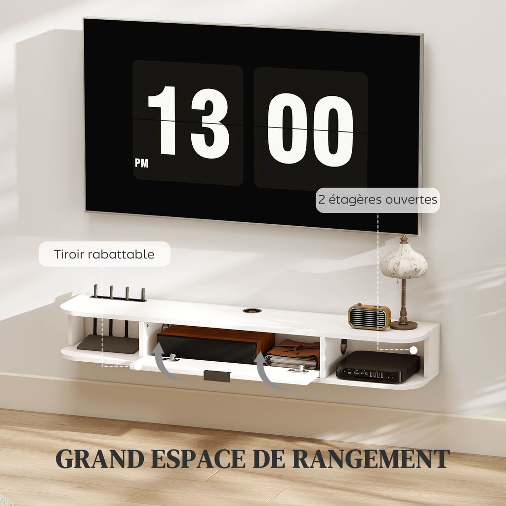 Meuble TV suspendu, meuble télé pour téléviseur jusqu'à 50 pouces, tiroir rabattable 2 étagères 120x24x16cm blanc-4