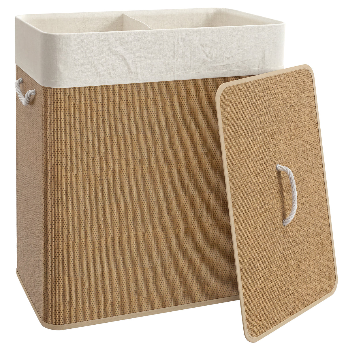 Panier à linge double avec couvercle, panier à linge en bambou 100 L avec poignées en corde-0