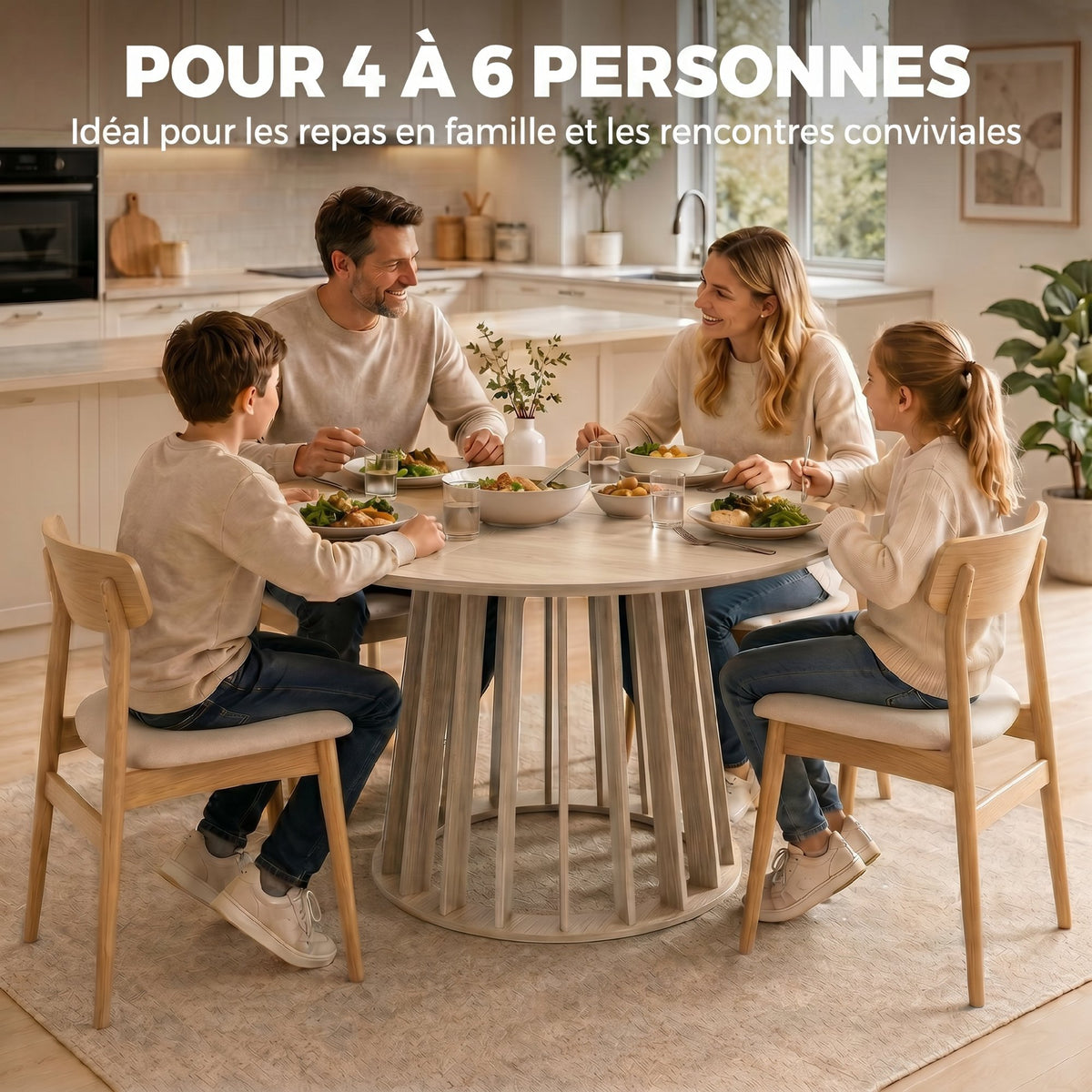 Table à Manger Ronde pour 4 à 6 Personnes, Ø 120 x 75 cm, Table de Cuisine avec Piétement à Lattes Robuste, Bois Naturel-3
