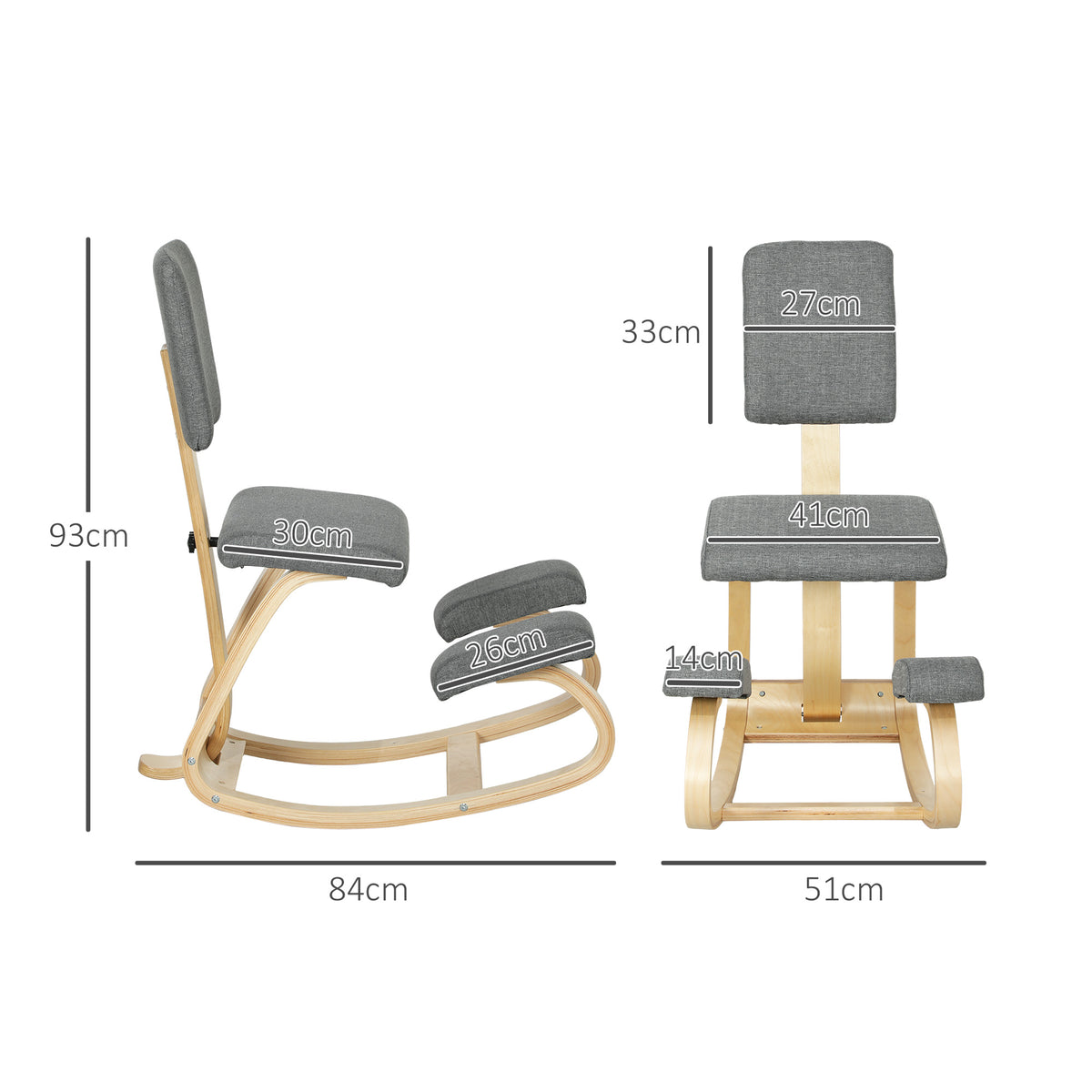 Siège assis genoux, siège ergonomique en bois à bascule avec dossier, chaise à genoux pour bureau à domicile, gris-2