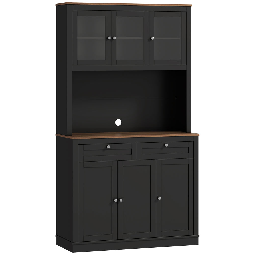 Buffet haut cuisine, armoire de cuisine, 6 portes, 2 tiroirs, plan de travail, étagères réglables, 100x40x180cm, noir-0