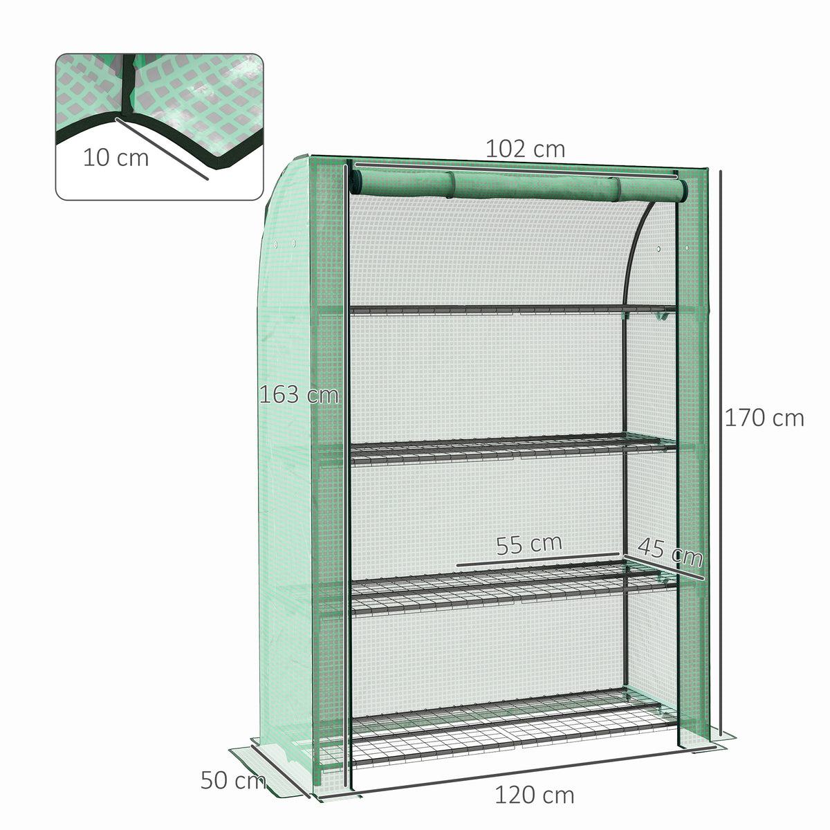 Mini serre de jardin à 4 étages avec bâche PE renforcée, porte enroulable et étagères 120 x 50 x 170 cm, vert-2