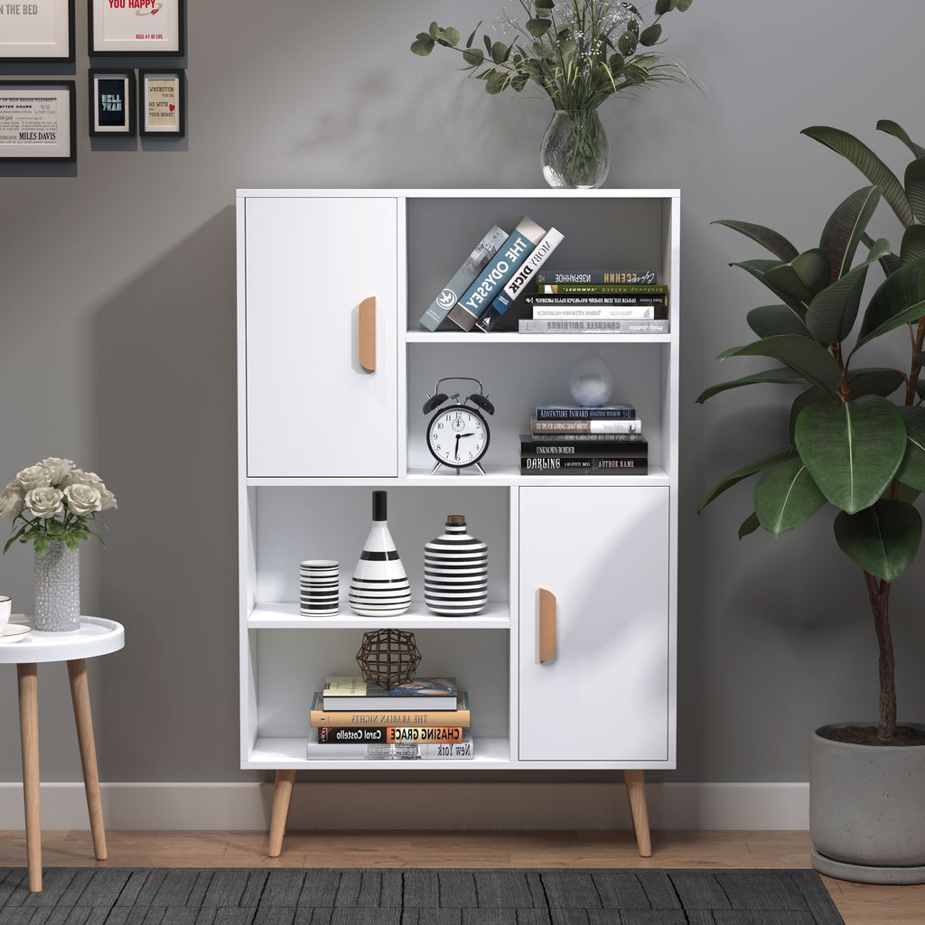 Bibliothèque scandinave 4 niches + 2 placards avec étagère dim. 80L x 24l x 123H cm Pieds effilés inclinés Bois Massif Panneaux Particules Blanc-1