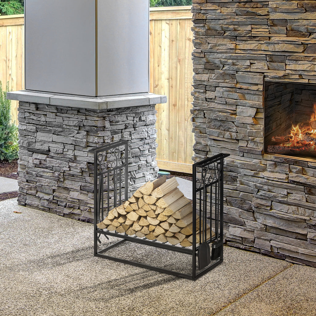 Porte-bûches range bûches étagère à bois de cheminée serviteur de cheminée multi-accessoires dim. 75L x 30l x 60H cm acier noir-1