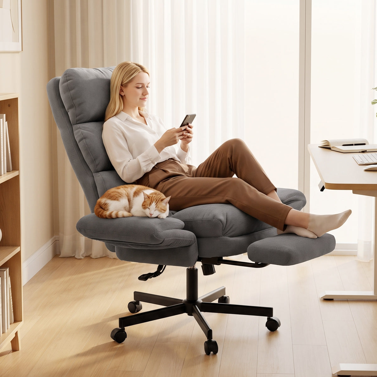 Chaise Bureau Ergonomique, Accoudoirs Rabattables, Appui-tête Réglable, Fauteuil Bureau Inclinable Velours Côtelé, Gris-9