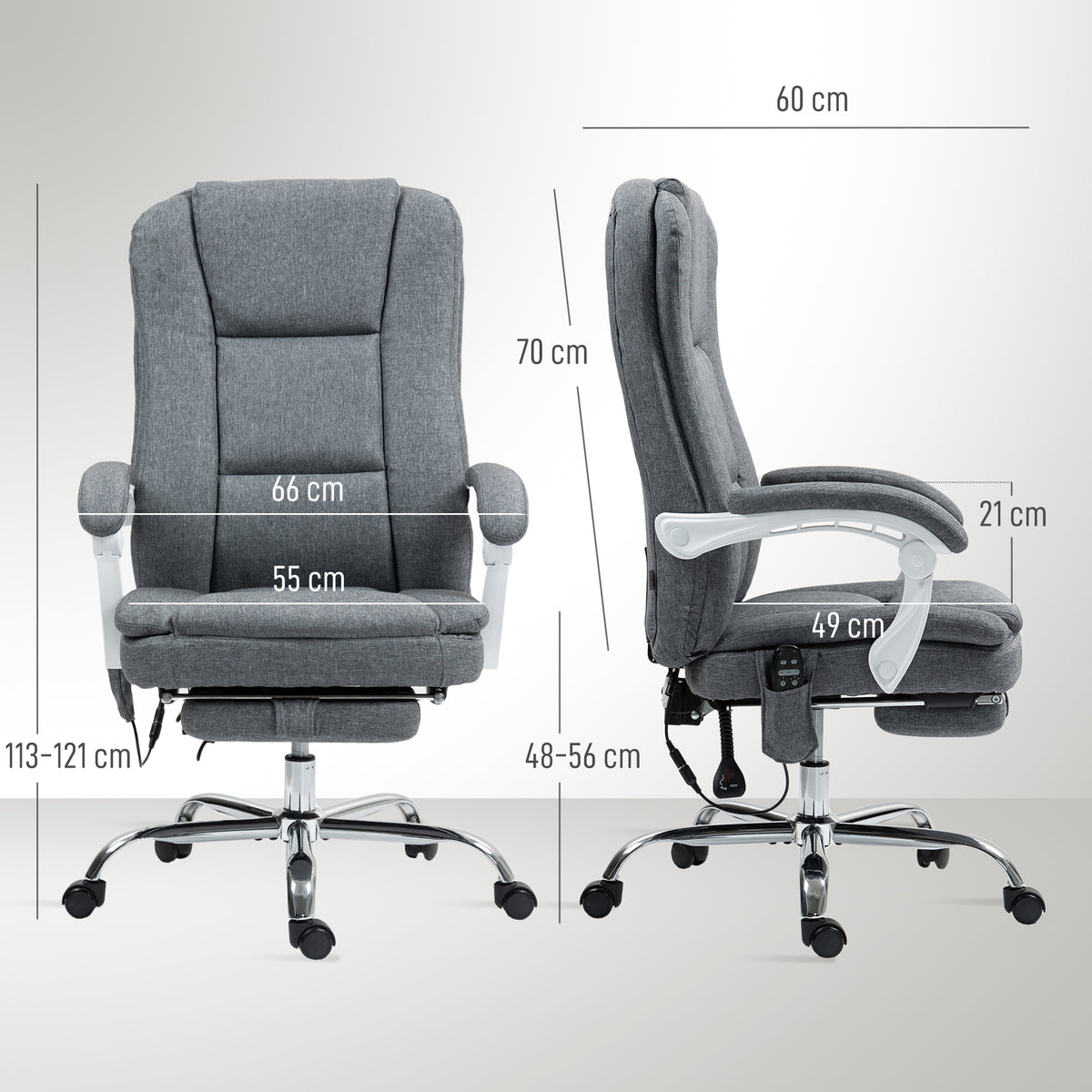 Fauteuil de bureau massant et chauffant chaise de bureau avec hauteur réglable dossier inclinable 66x60x113-121cm gris-2