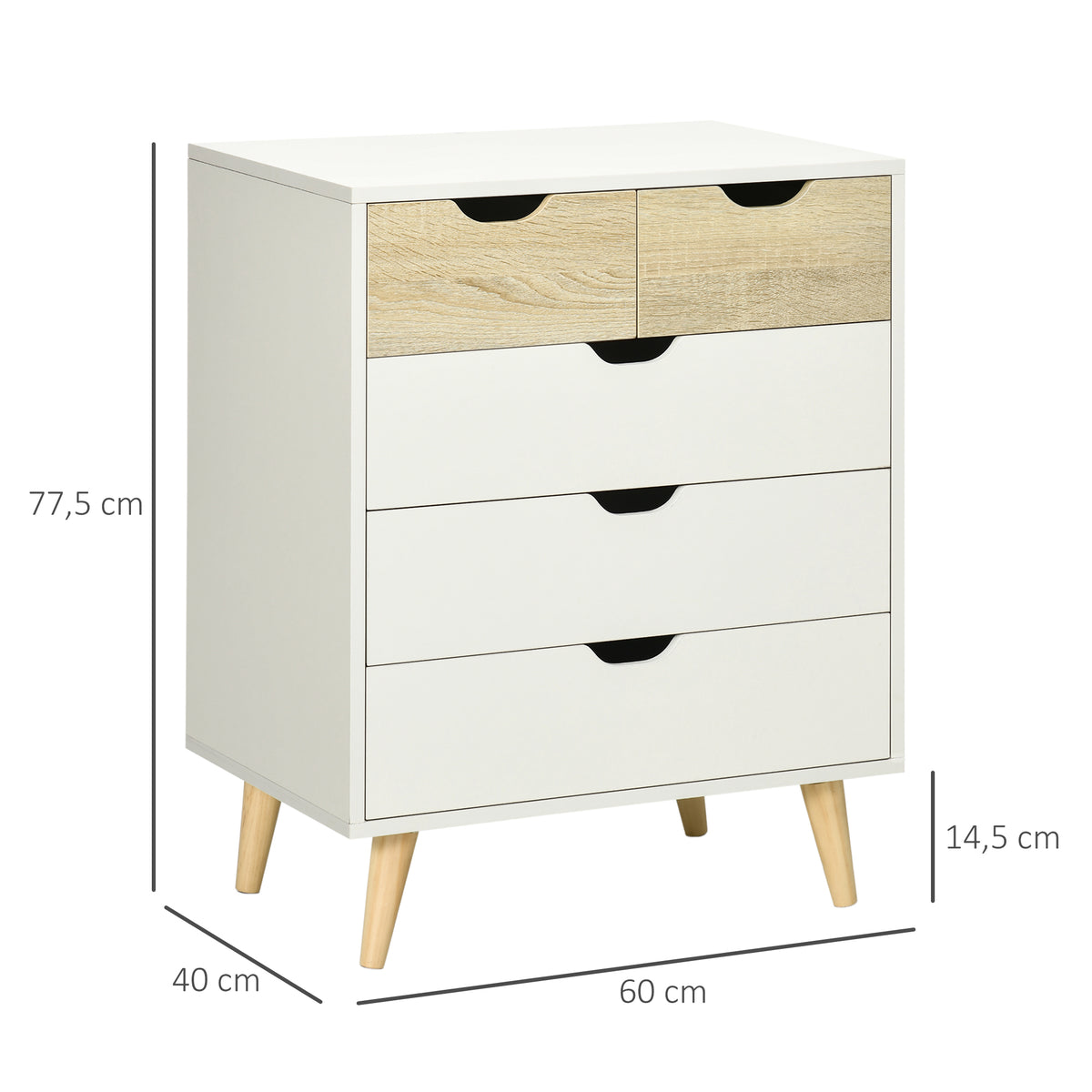 Commode 5 tiroirs meuble de rangement 4 pieds biseautés - bois, 60 x 40 x 77,5 cm, blanc-2